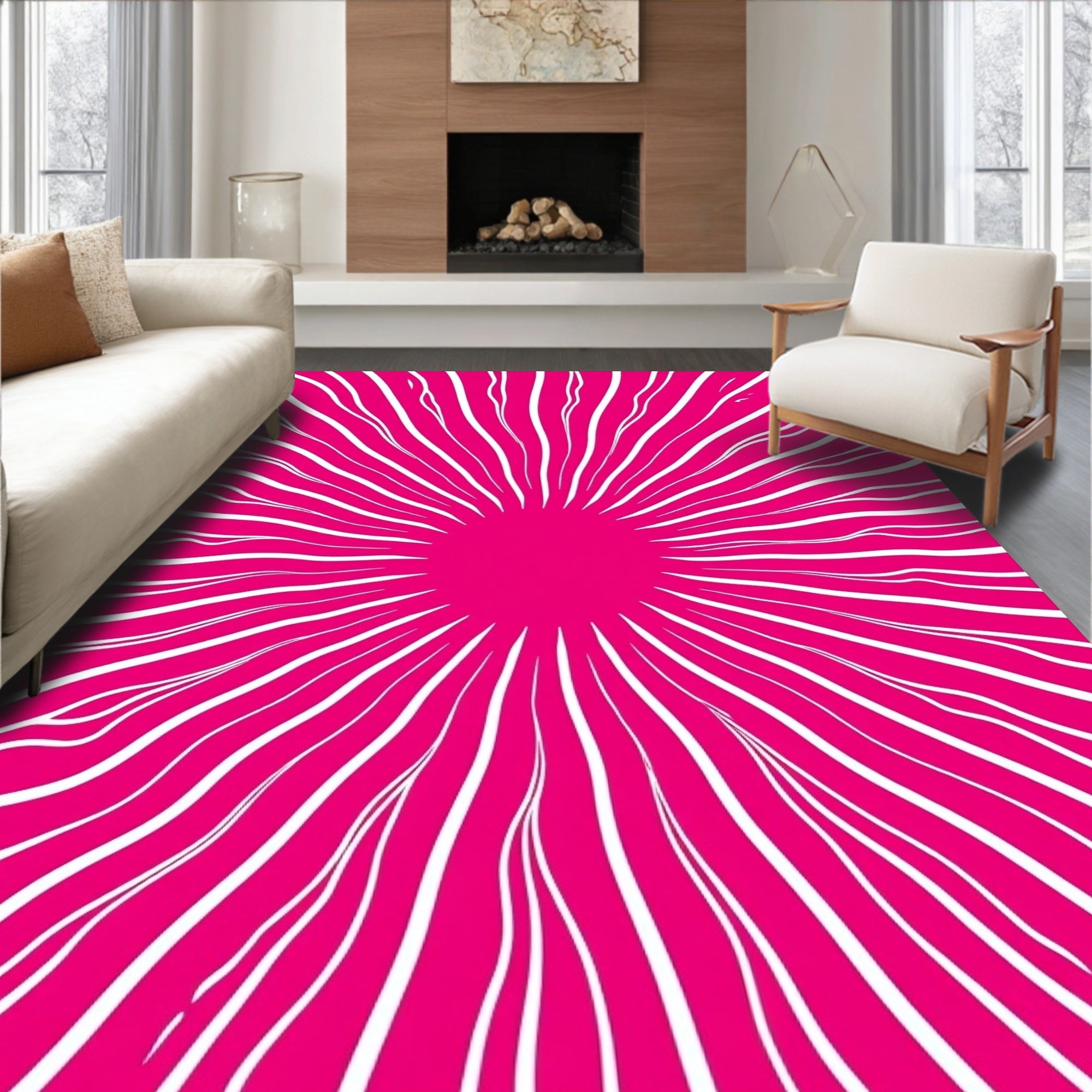 Radiant Pink White Abstract Sunburst Rug