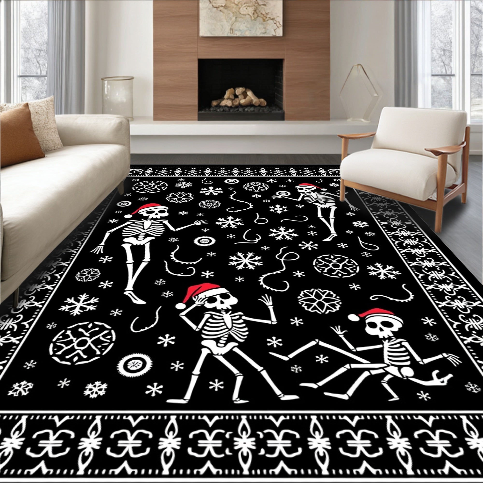 Whimsical Black Skeleton Snowflakes Christmas Rug