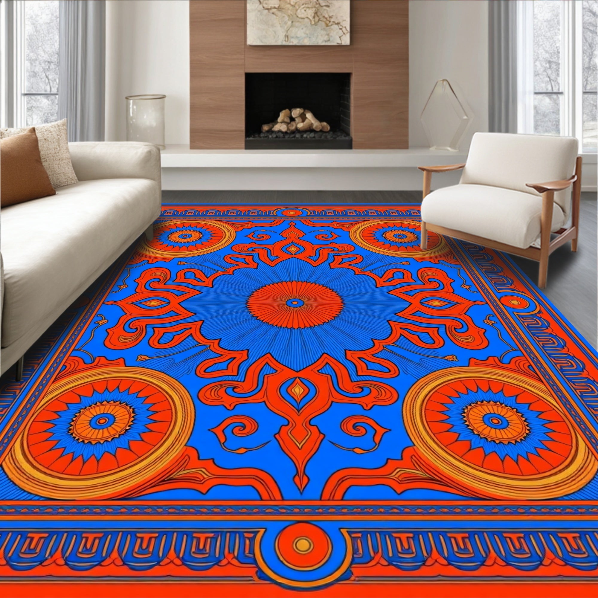 Bold Blue Orange Geometric Mandala Rug