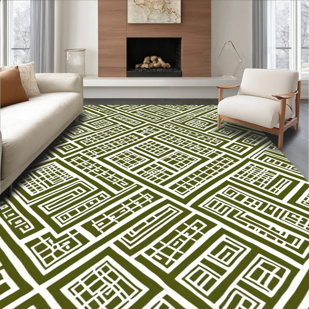 Olive Green Geometric Maze Pattern Rug