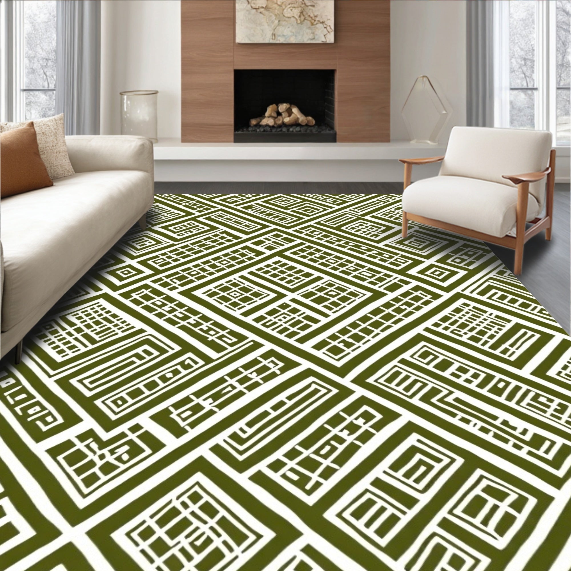 Olive Green Geometric Maze Pattern Rug