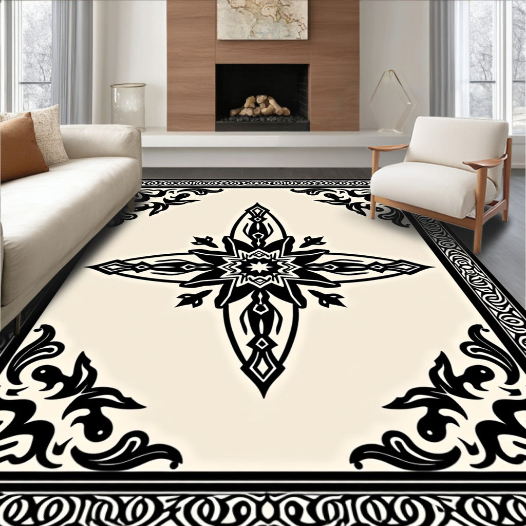 Intricate Black Floral Border Design Rug