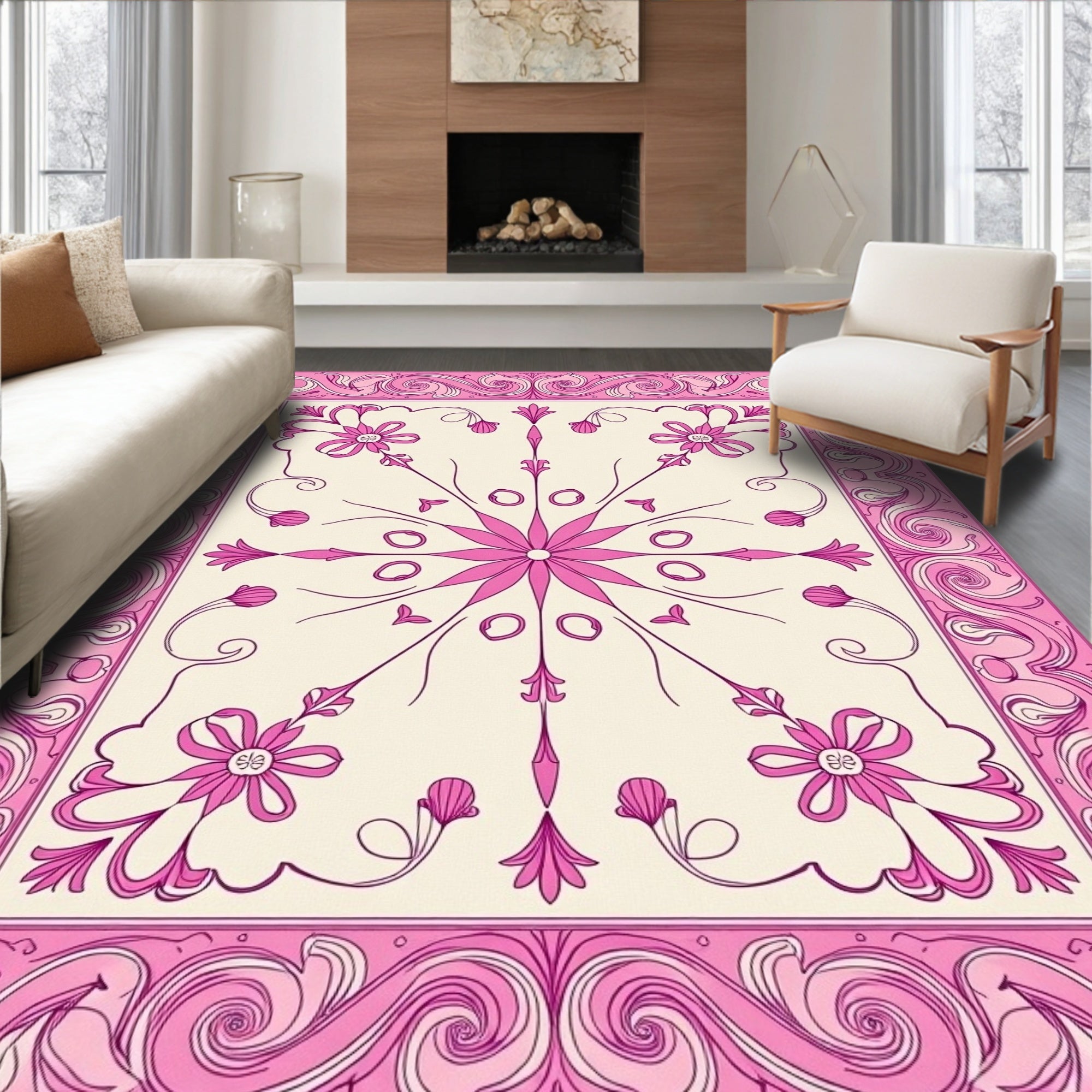 Pink Floral Swirl Frame Rug