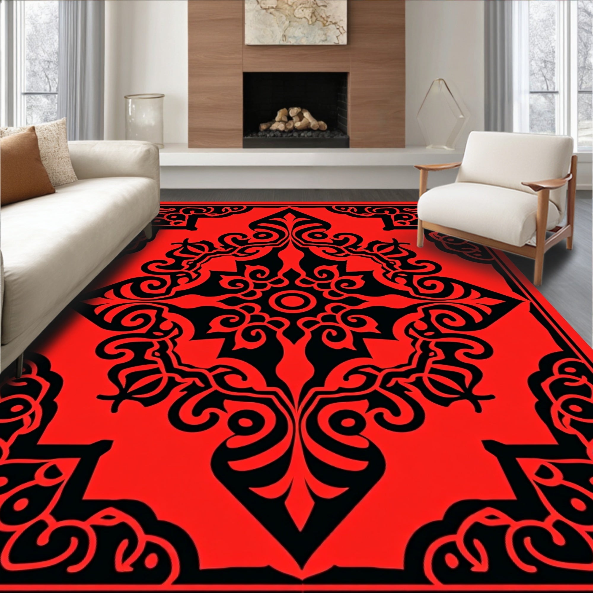 Bold Red Black Ornate Pattern Rug
