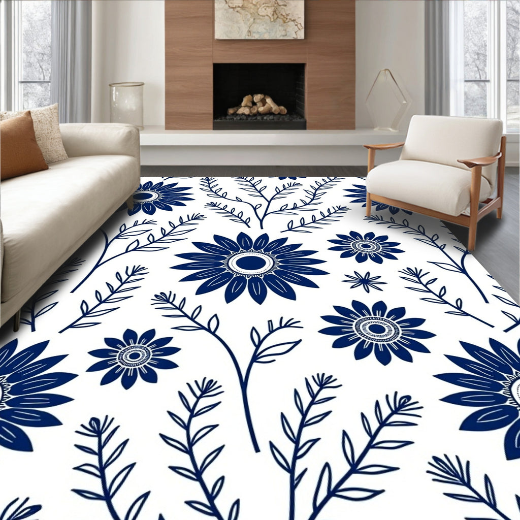 Navy Blue Floral Sprig Pattern Rug