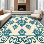 Teal Floral Scrollwork Tile Pattern Rug