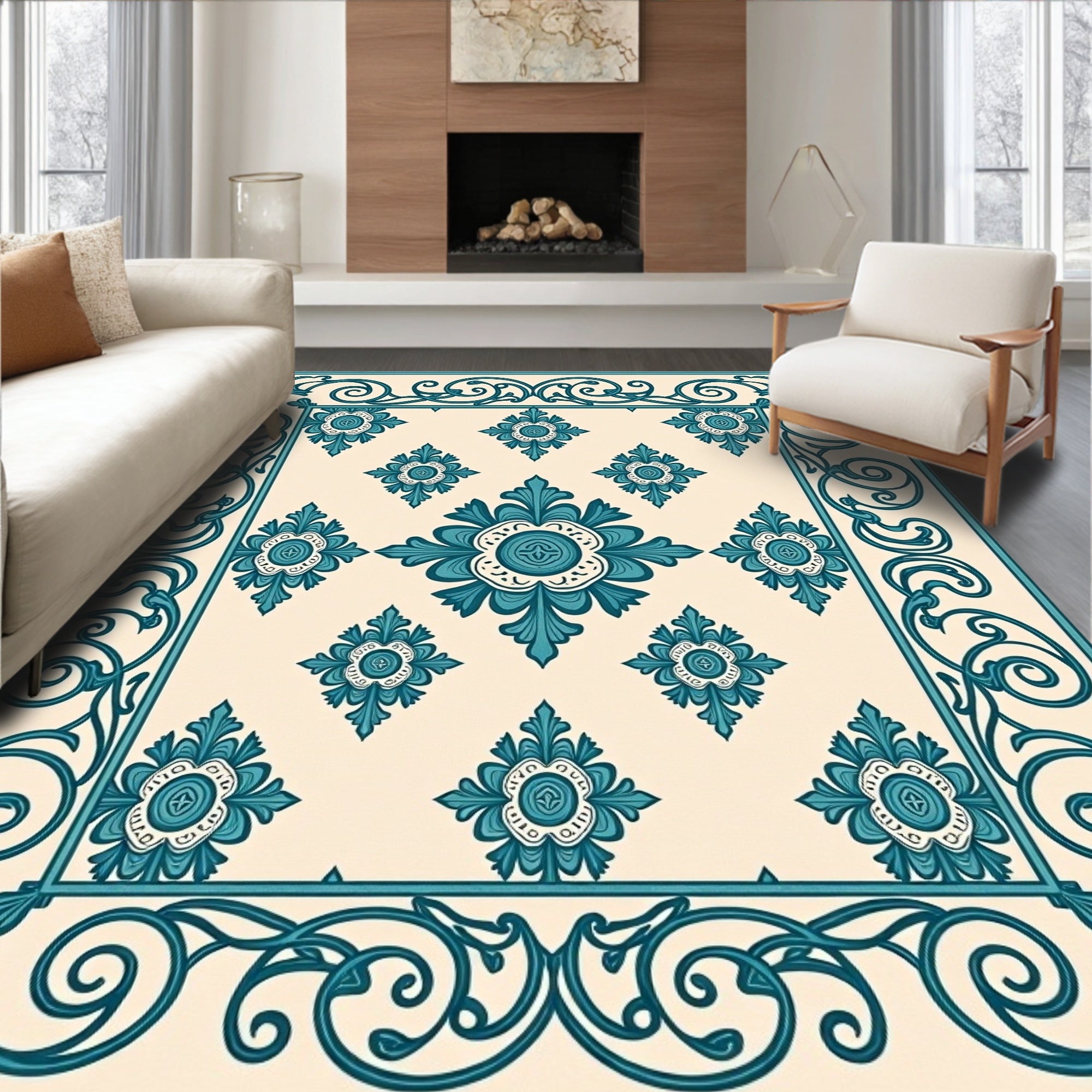 Teal Floral Scrollwork Tile Pattern Rug