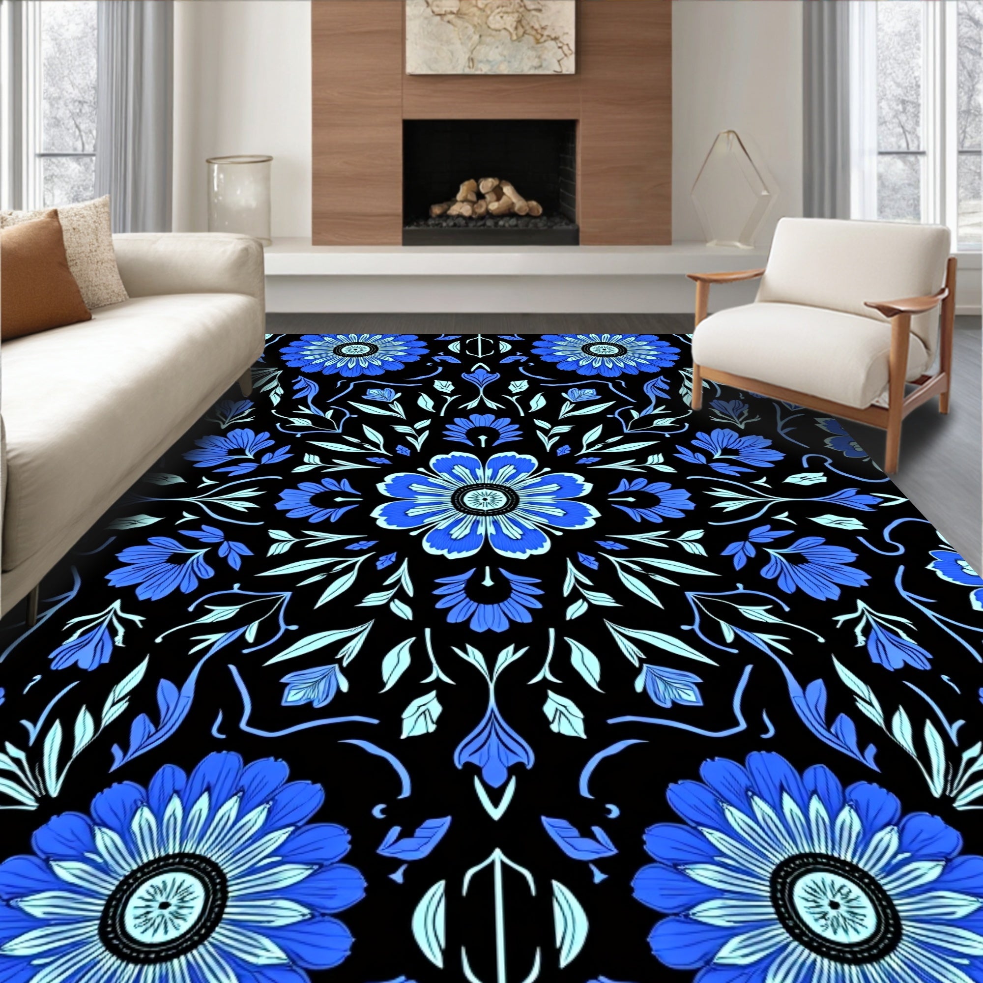 Floral Symmetry On Black Background Rug
