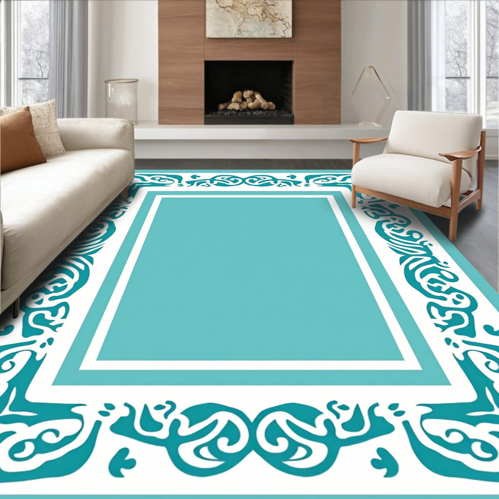 Teal White Scroll Border Pattern Rug