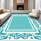 Teal White Scroll Border Pattern Rug