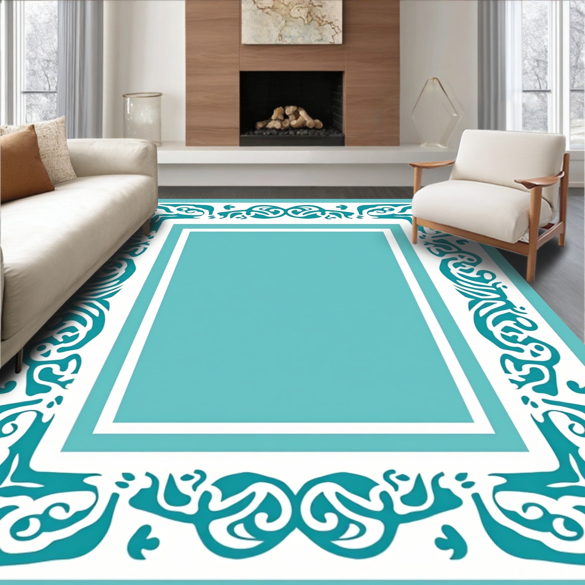 Teal White Scroll Border Pattern Rug
