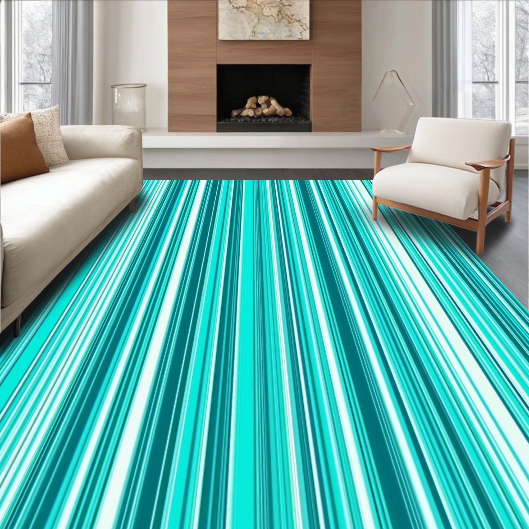 Aqua And White Vertical Stripe Rug