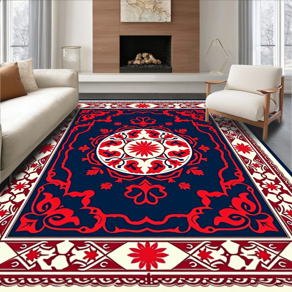 Classic Red Blue Floral Medallion Rug