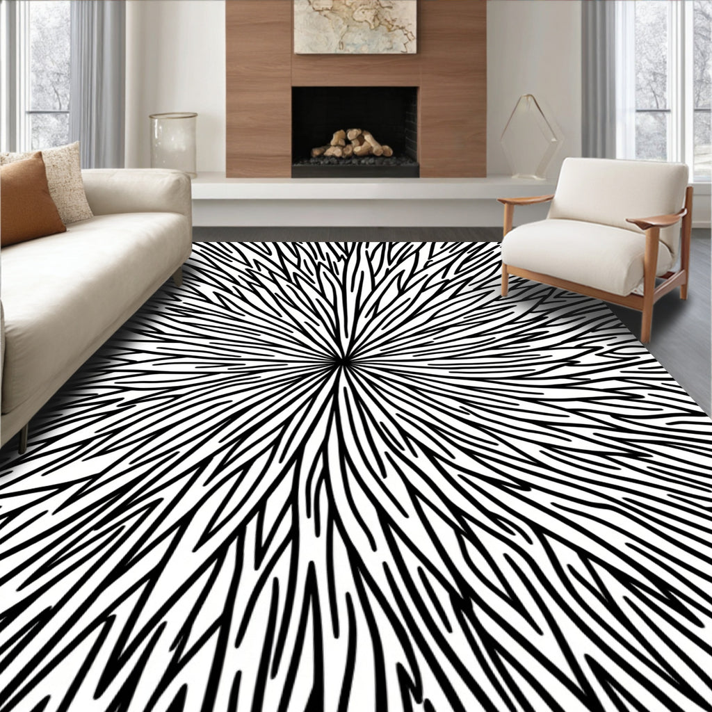 Abstract Radial Black White Graphic Rug