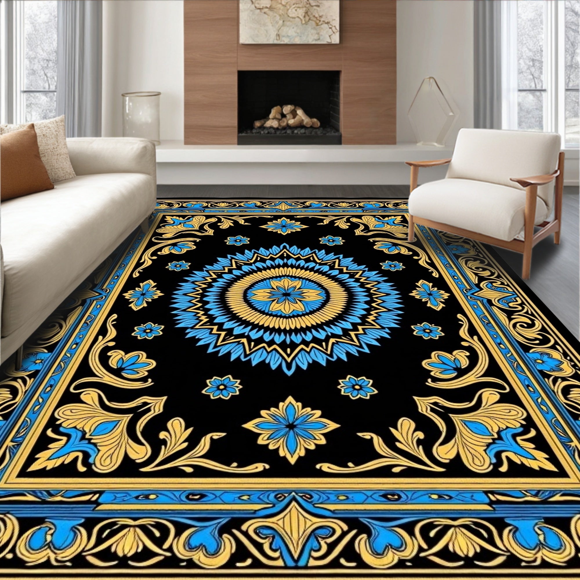 Golden Blue Floral Intricate Border Rug