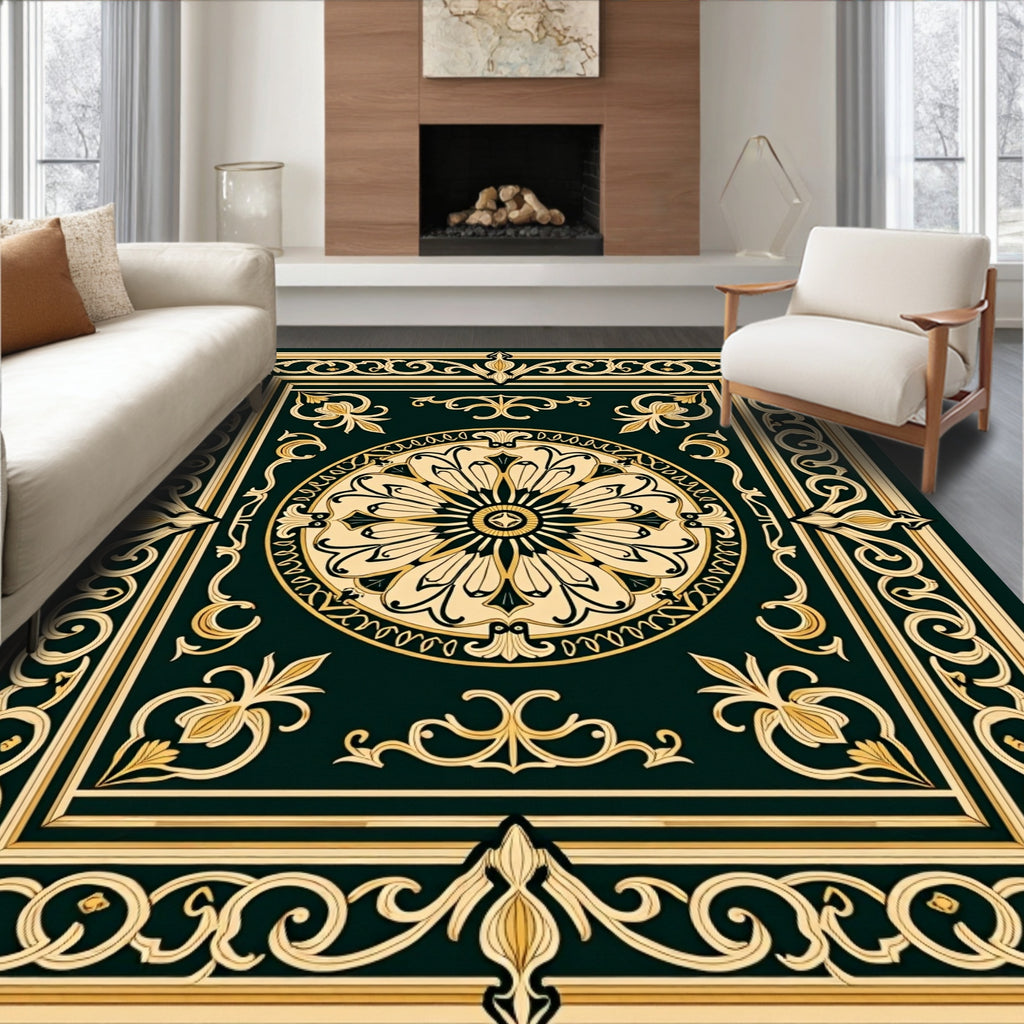 Ornate Black Gold Floral Rug