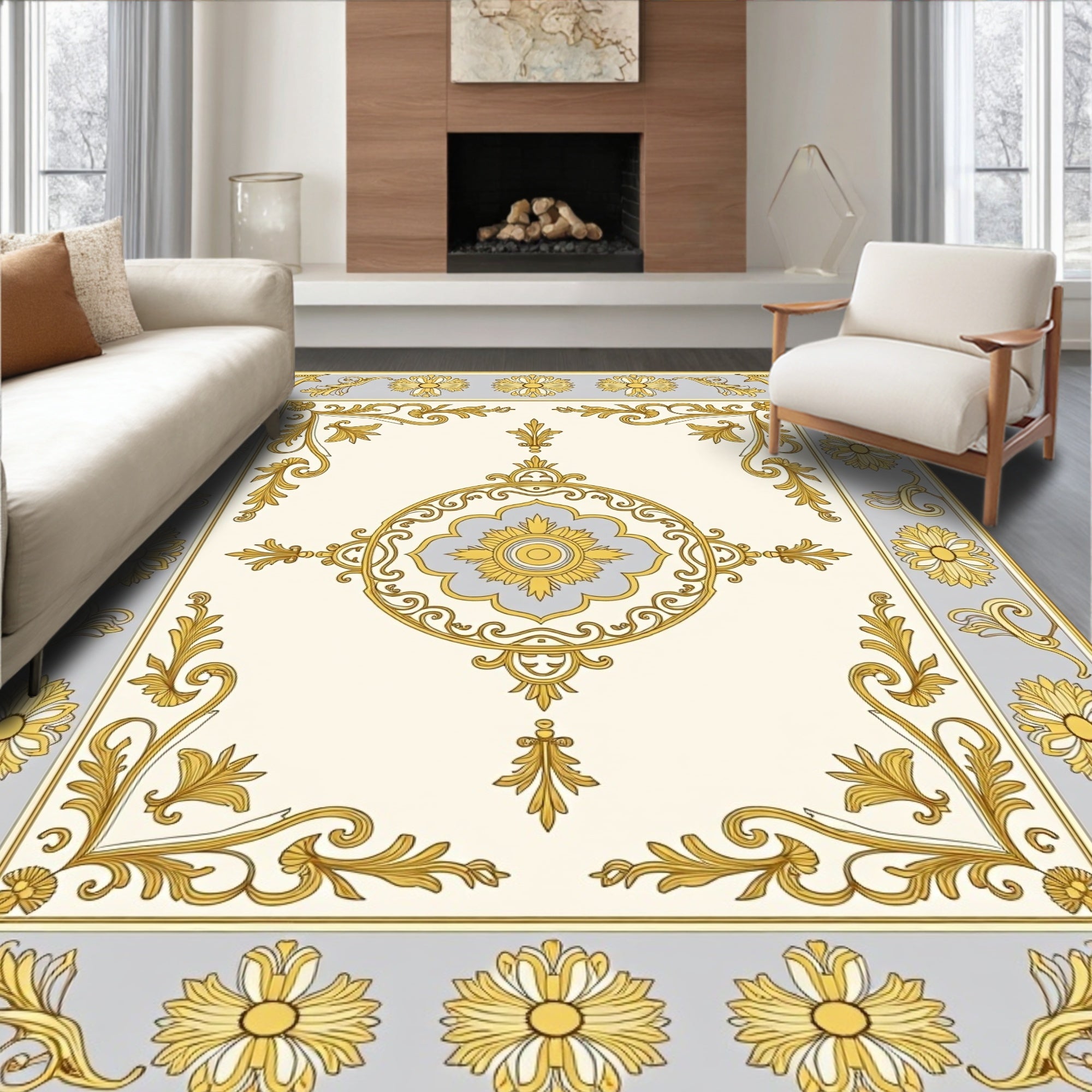 Elegant Gold Gray Floral Medallion Rug