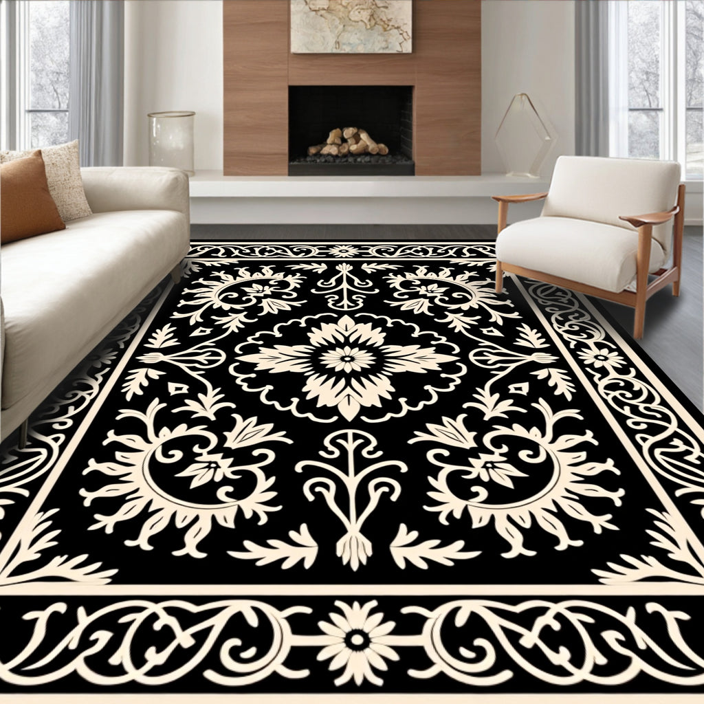 Intricate Floral Black Ivory Ornamental Rug