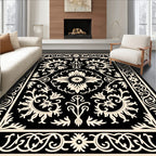 Intricate Floral Black Ivory Ornamental Rug