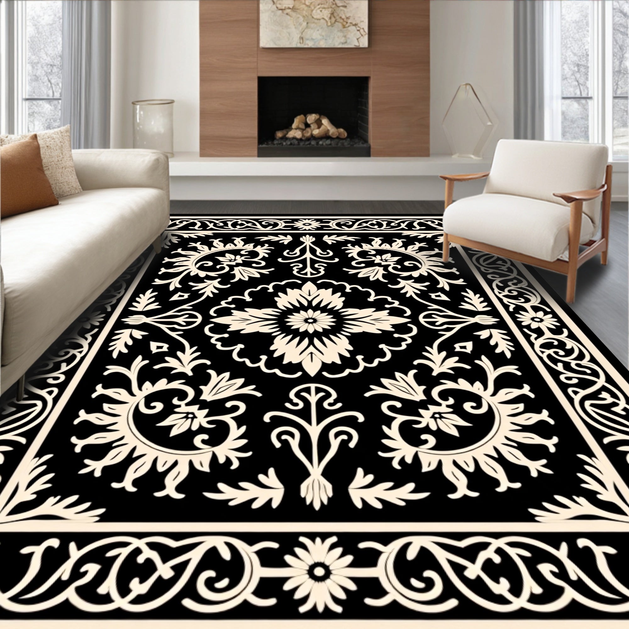 Intricate Floral Black Ivory Ornamental Rug