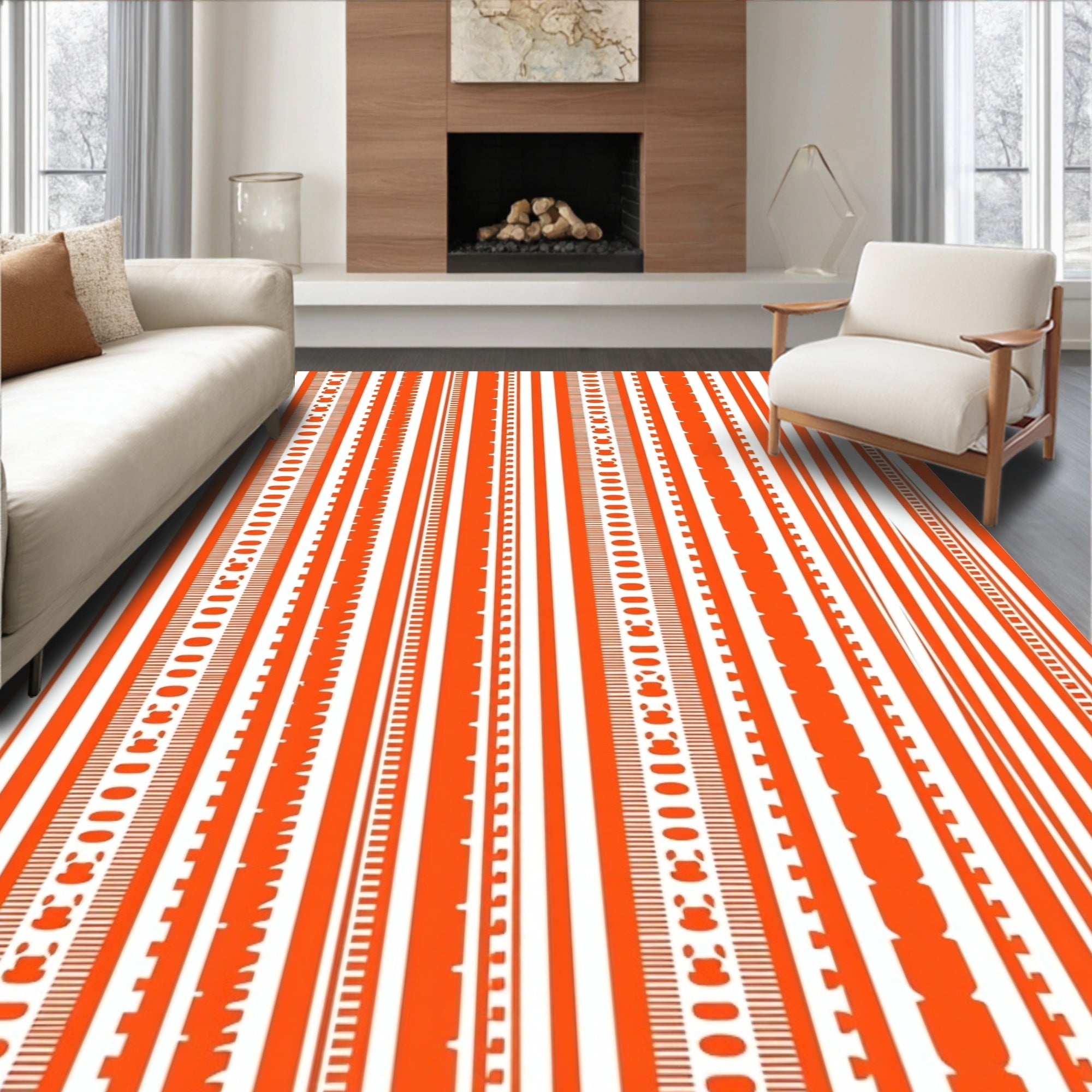 Orange White Dynamic Striped Design Rug