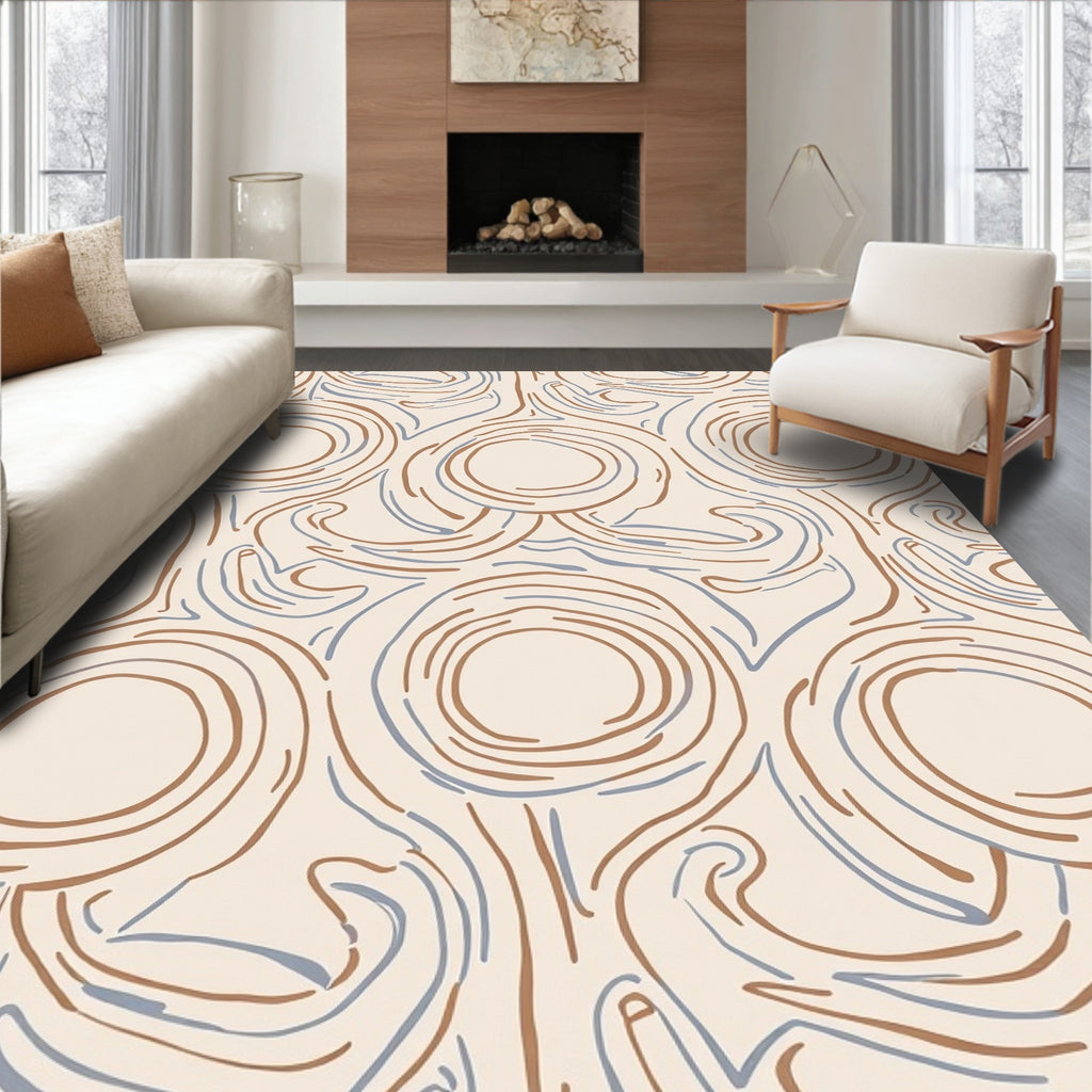 Abstract Cream Swirls with Brown Blue Rug