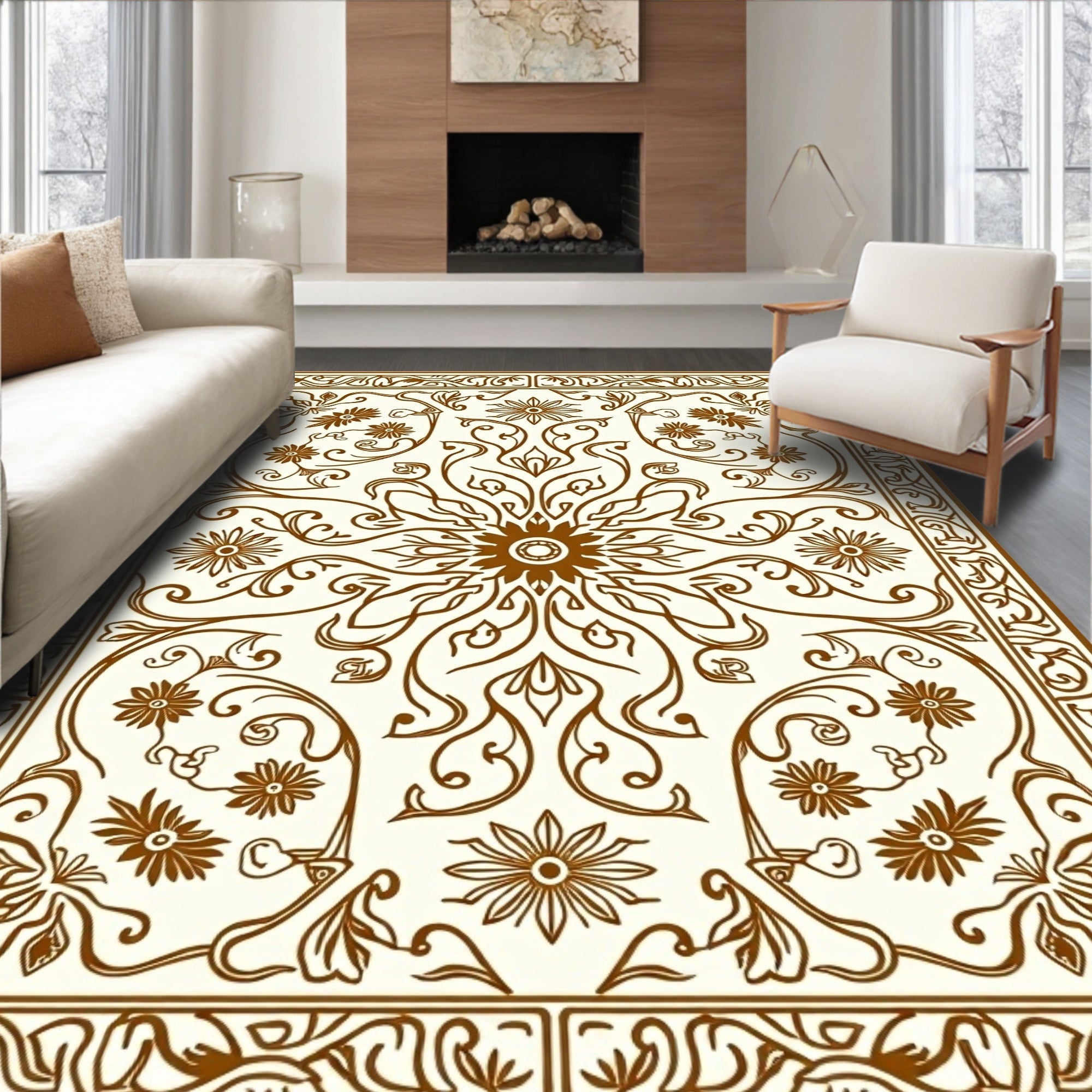 Brown Floral Leaf Intricate Pattern Rug