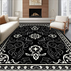 Elegant Black White Floral Swirl Rug