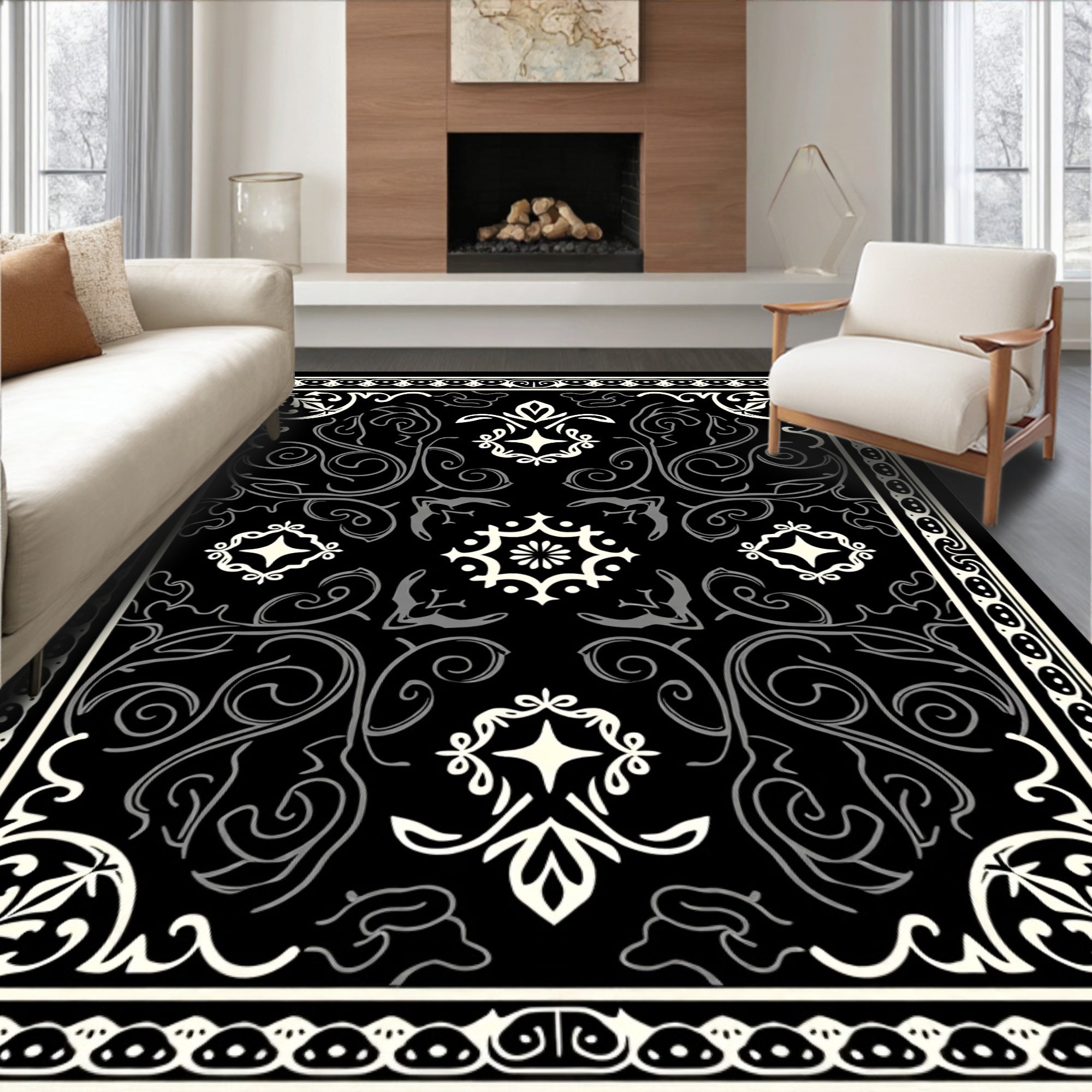 Elegant Black White Floral Swirl Rug