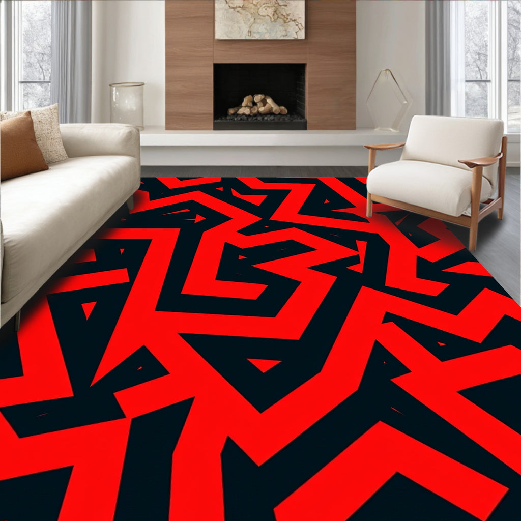 Bold Red Abstract Geometric Pattern Rug