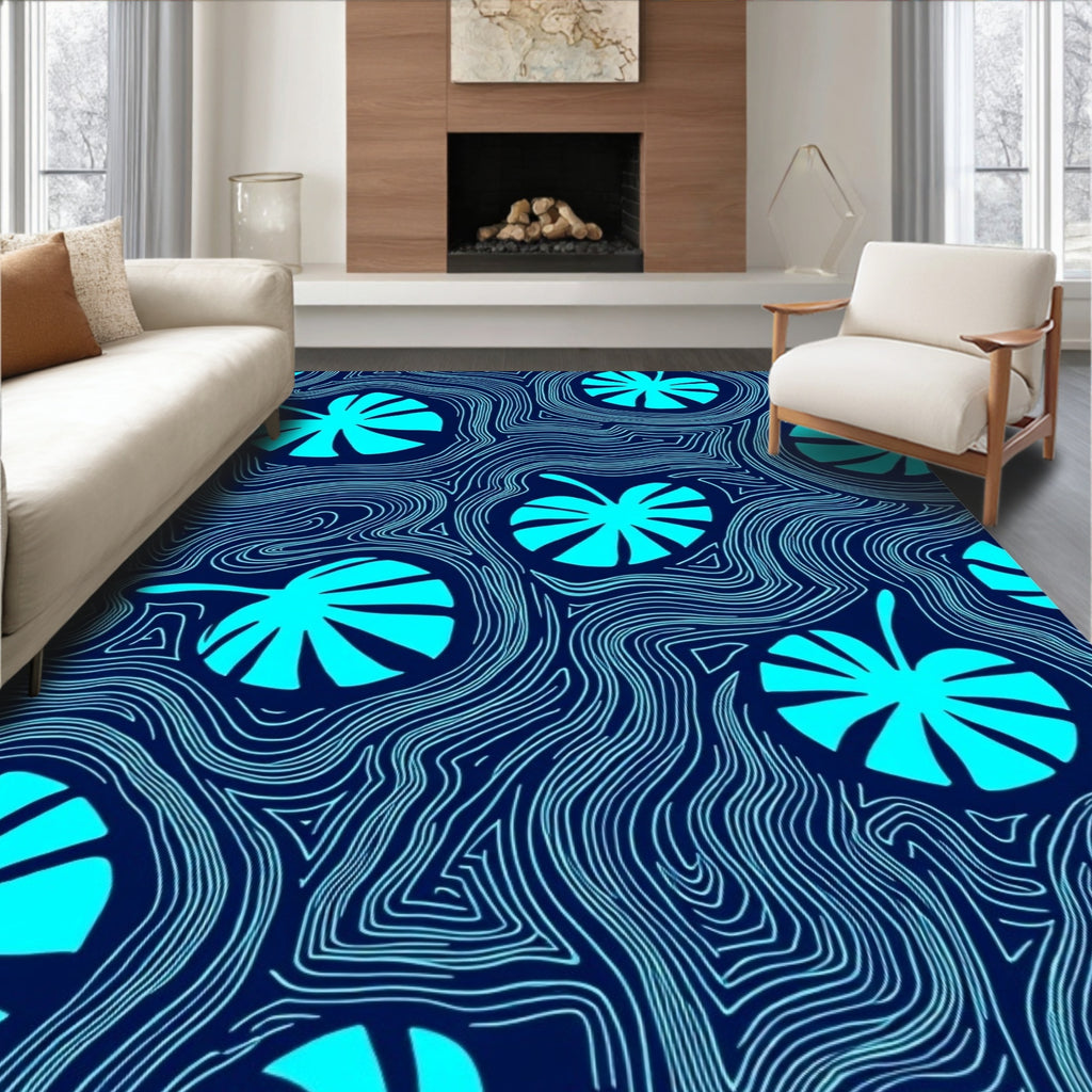 Aqua Leaf on Wavy Lines Rug