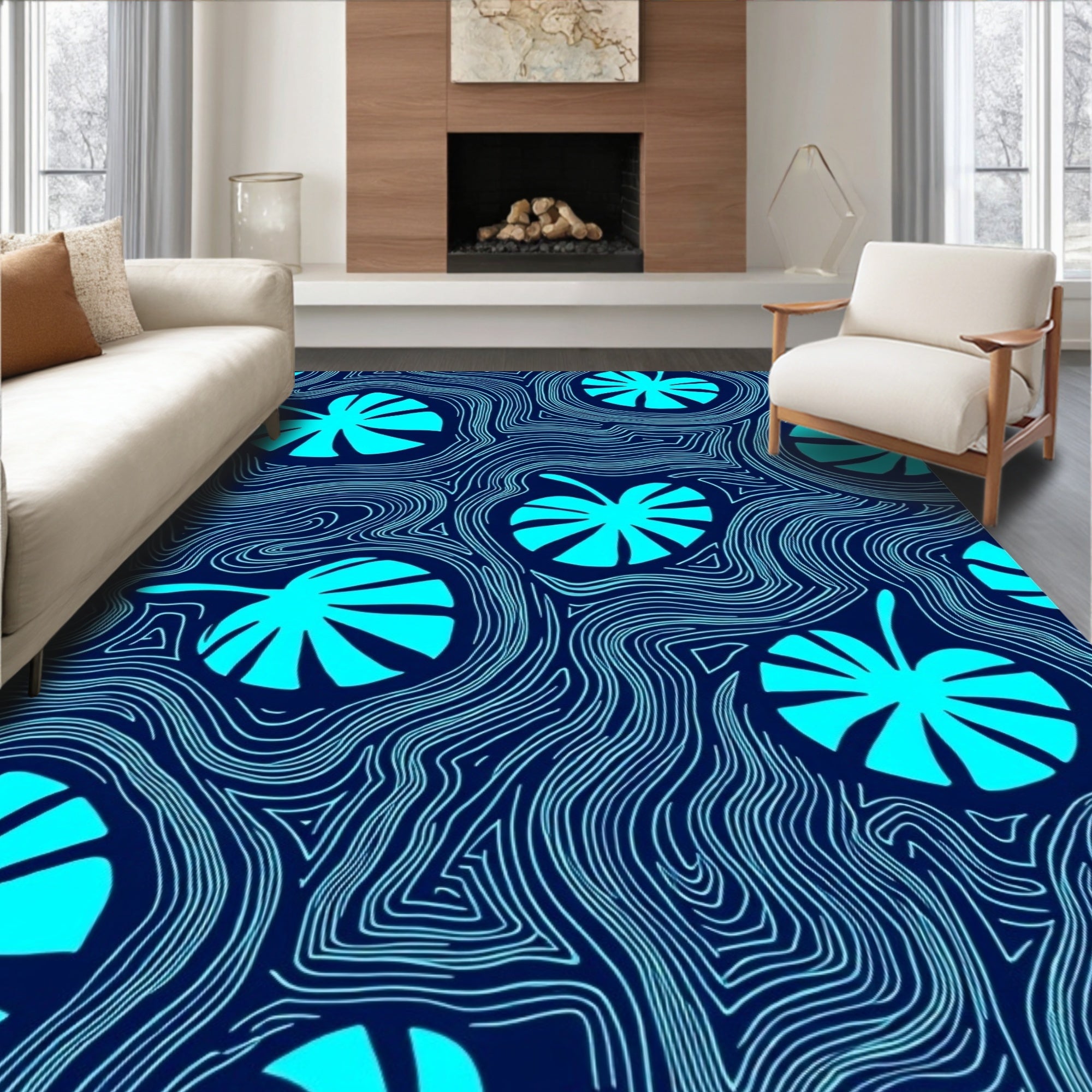 Aqua Leaf on Wavy Lines Rug