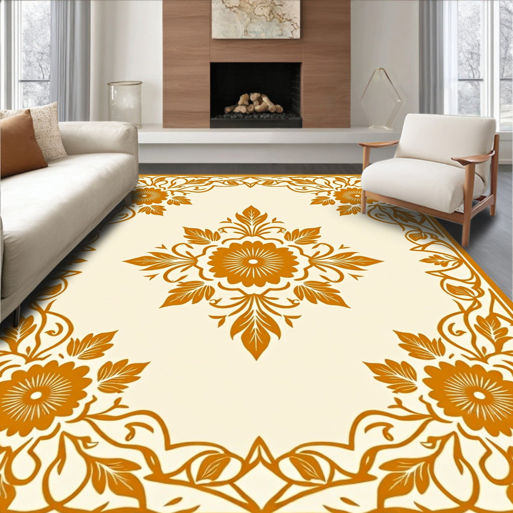 Orange Floral Border And Centerpiece Rug