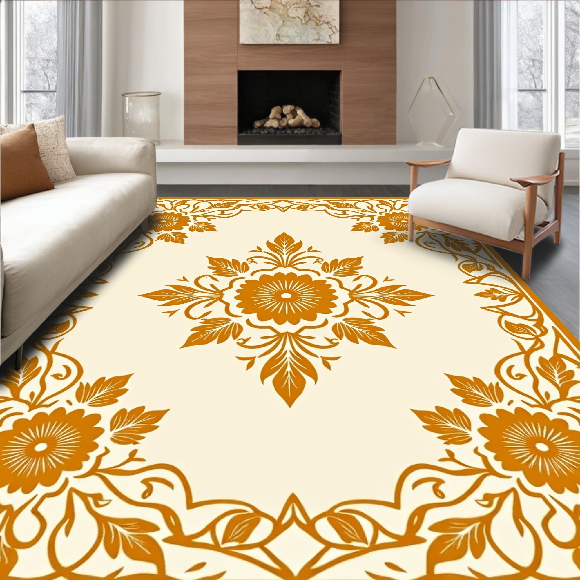 Orange Floral Border And Centerpiece Rug