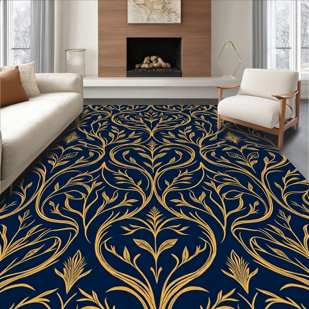 Ornate Gold Leaf Scroll Pattern Rug