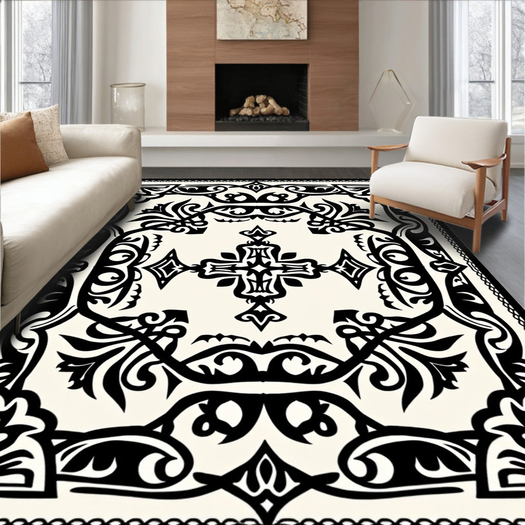 Classic Black White Ornamental Design Rug