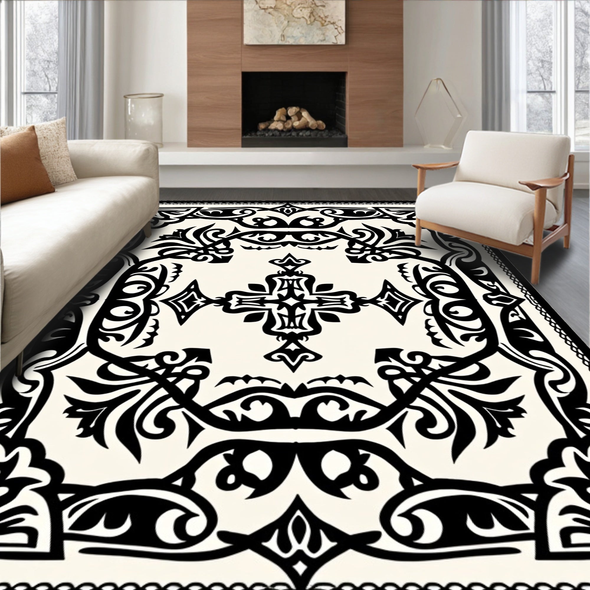 Classic Black White Ornamental Design Rug