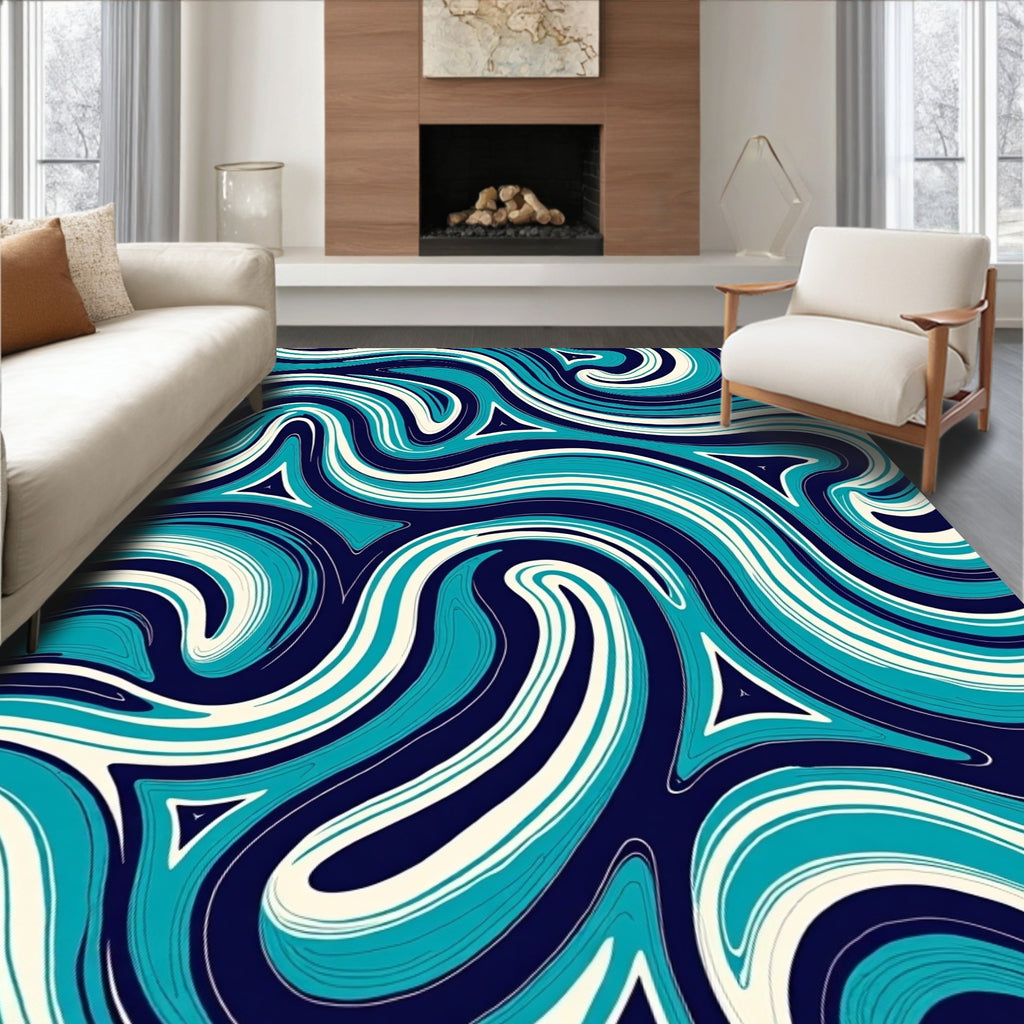 Abstract Swirls of Teal Stripes Design Rug