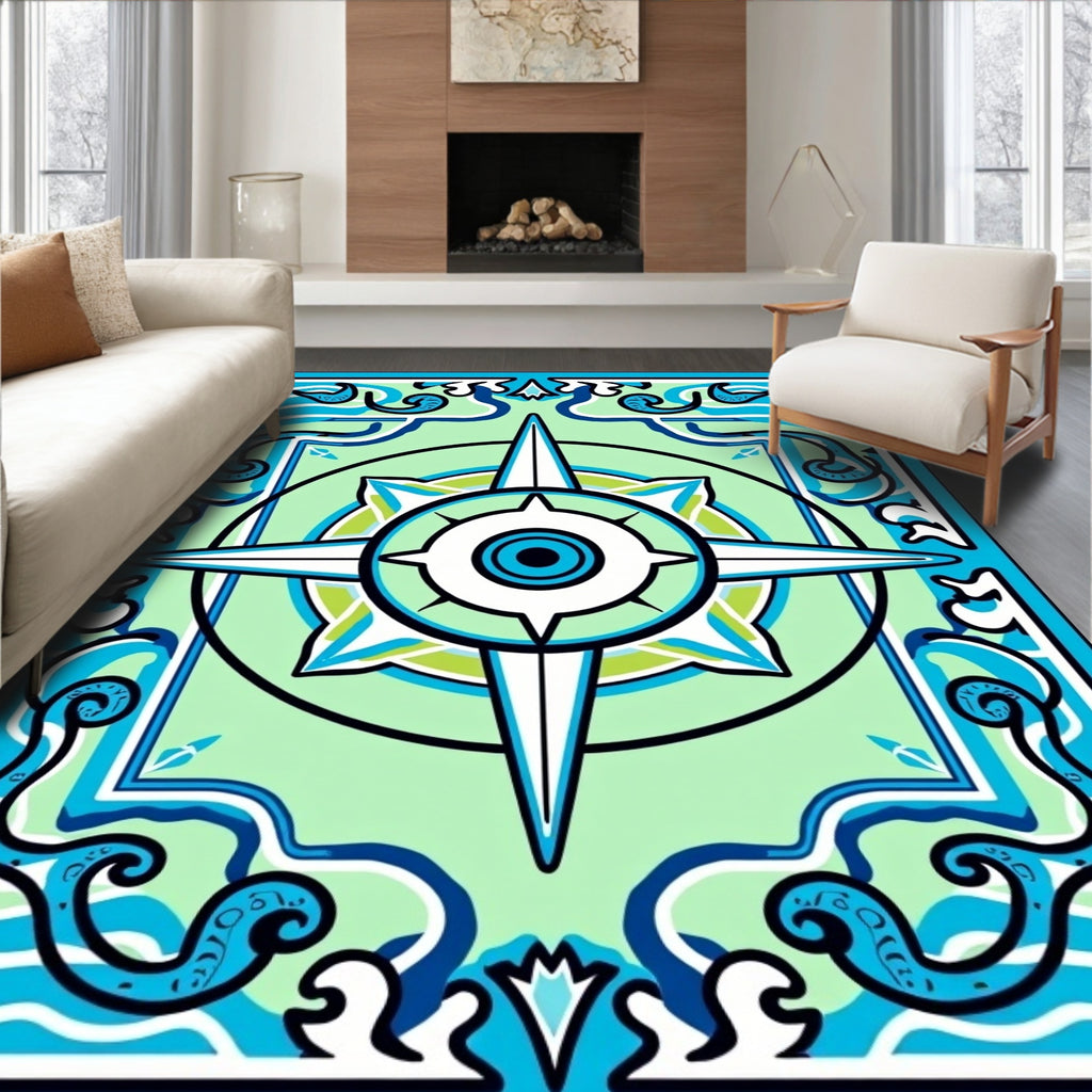 Coastal Compass Star Wave Pattern Rug