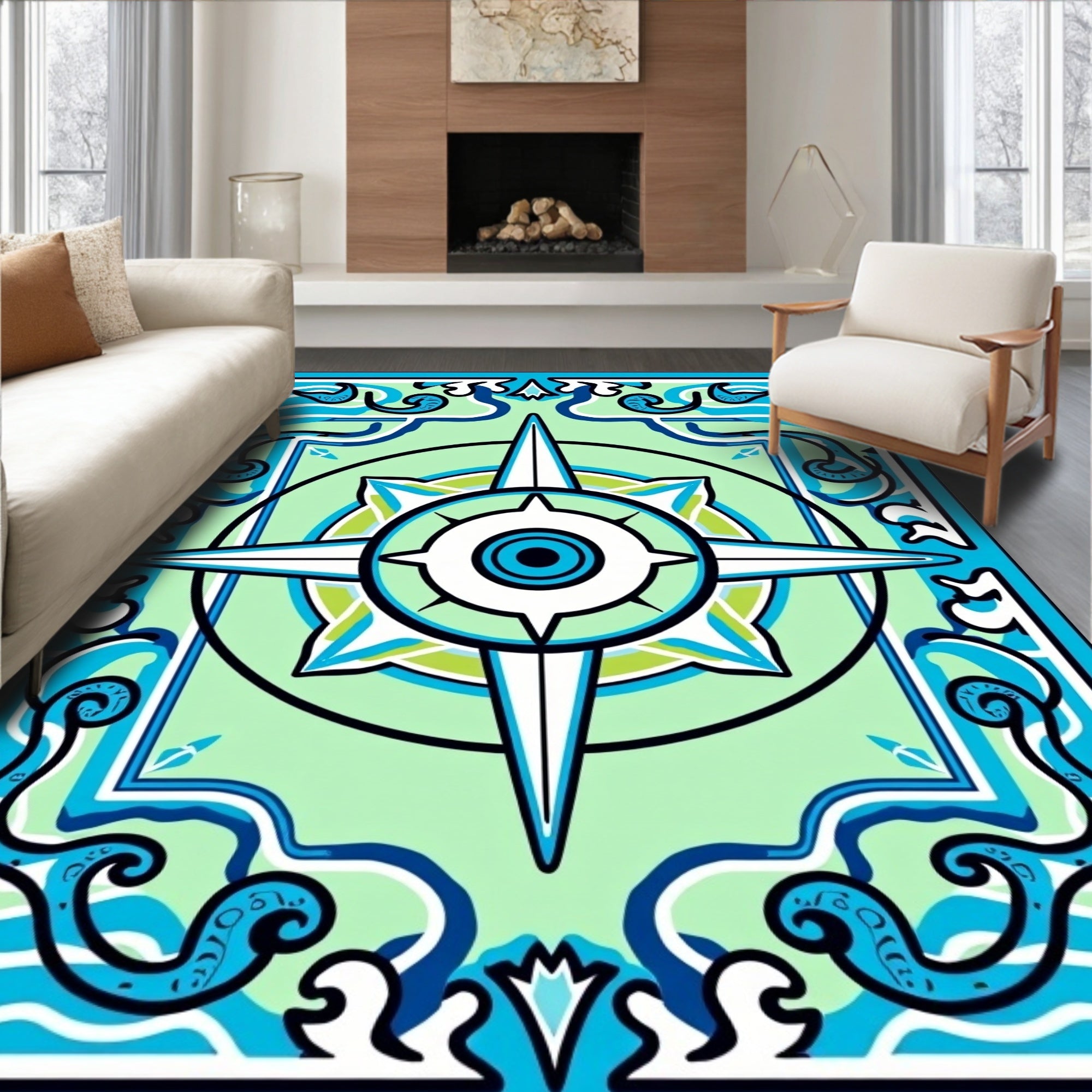 Coastal Compass Star Wave Pattern Rug