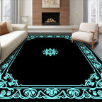 Ornate Cyan Floral Tassel Frame Rug