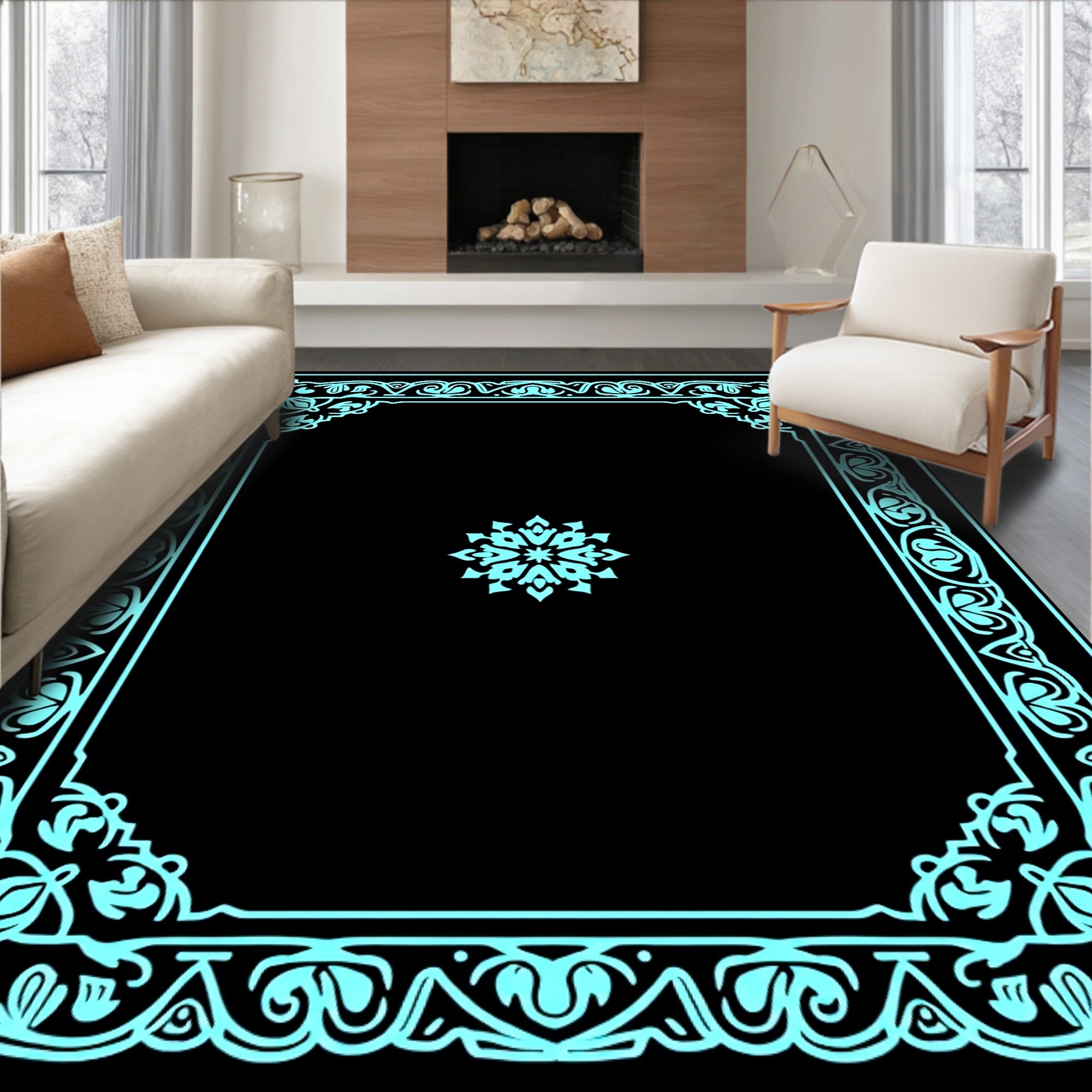 Ornate Cyan Floral Tassel Frame Rug
