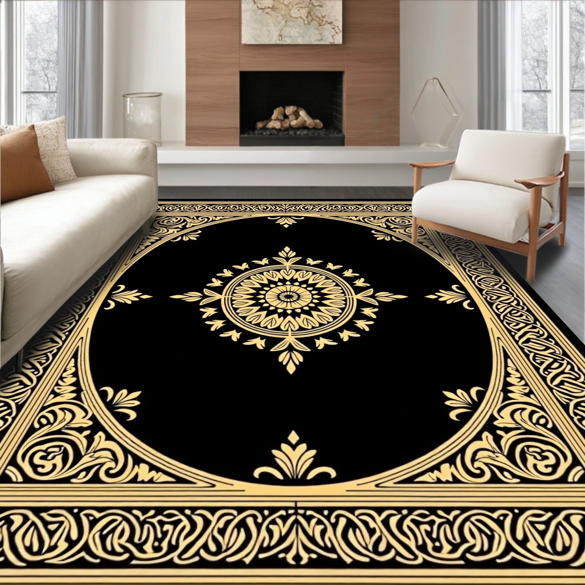 Black Gold Ornate Floral Design Rug