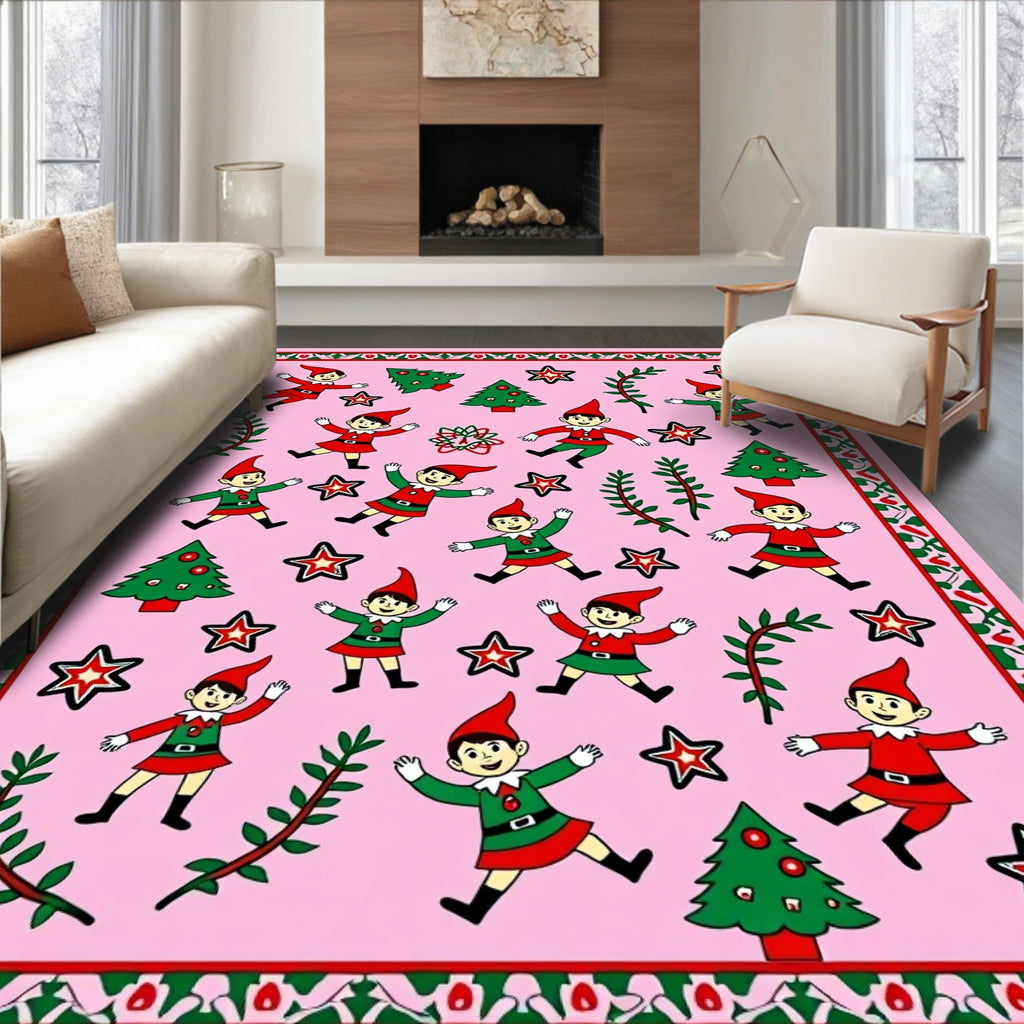 Whimsical Pink Christmas Elf Stars Rug
