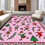 Whimsical Pink Christmas Elf Stars Rug