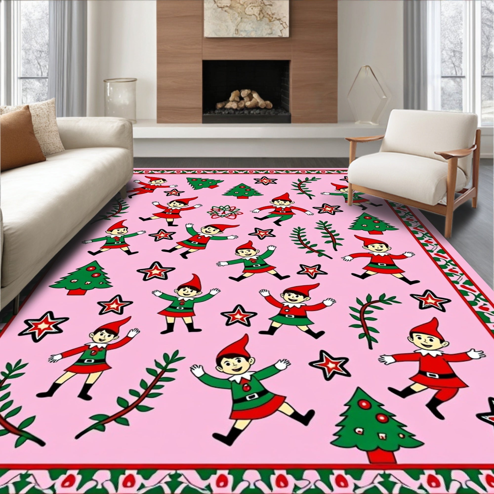 Whimsical Pink Christmas Elf Stars Rug