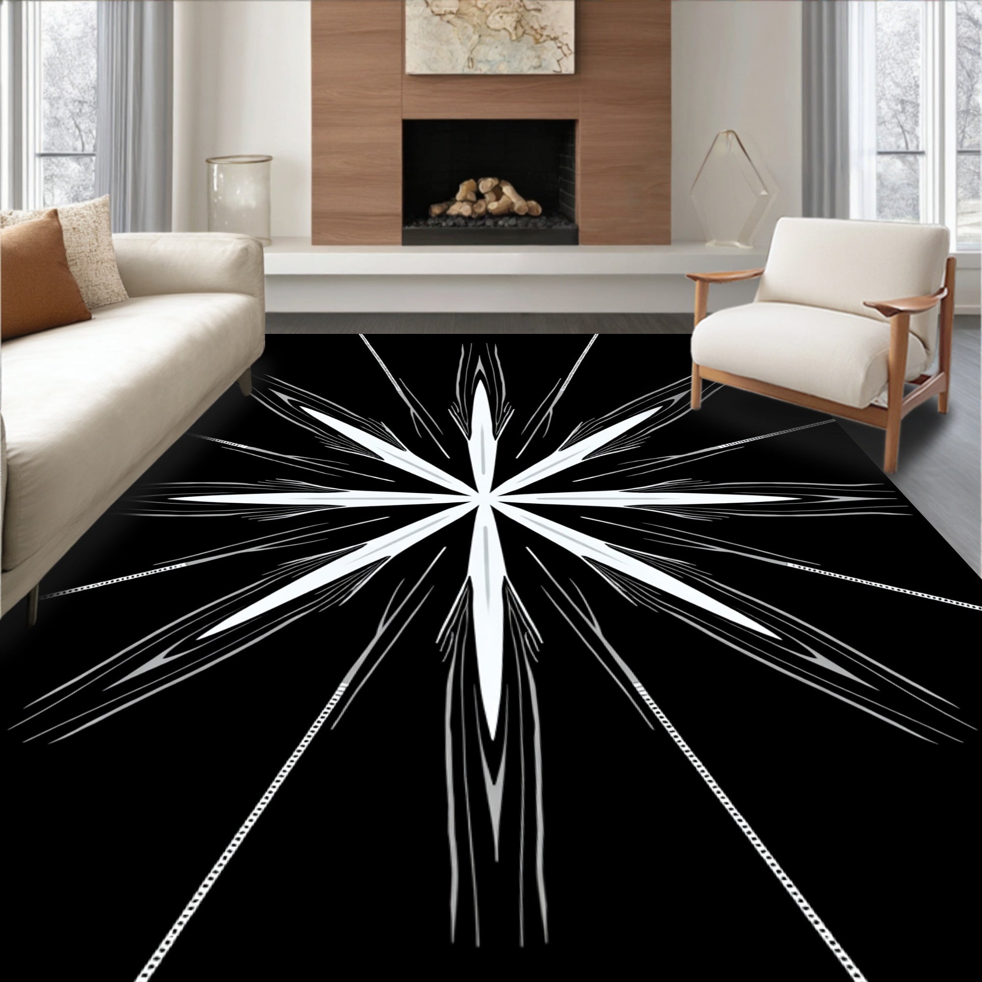 Symmetrical Starburst In White And Grey Rug