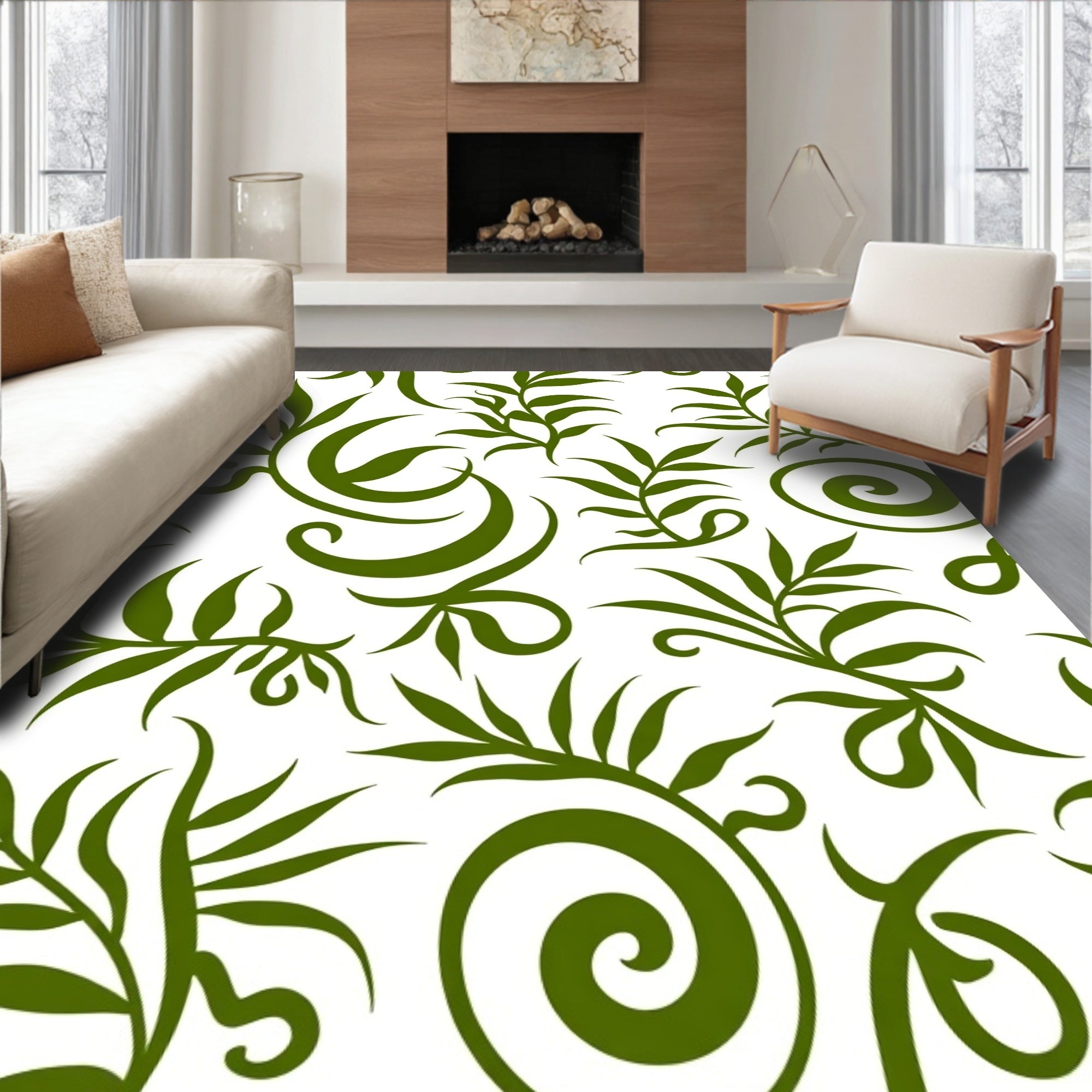 Green Leafy Swirl Floral Pattern Rug