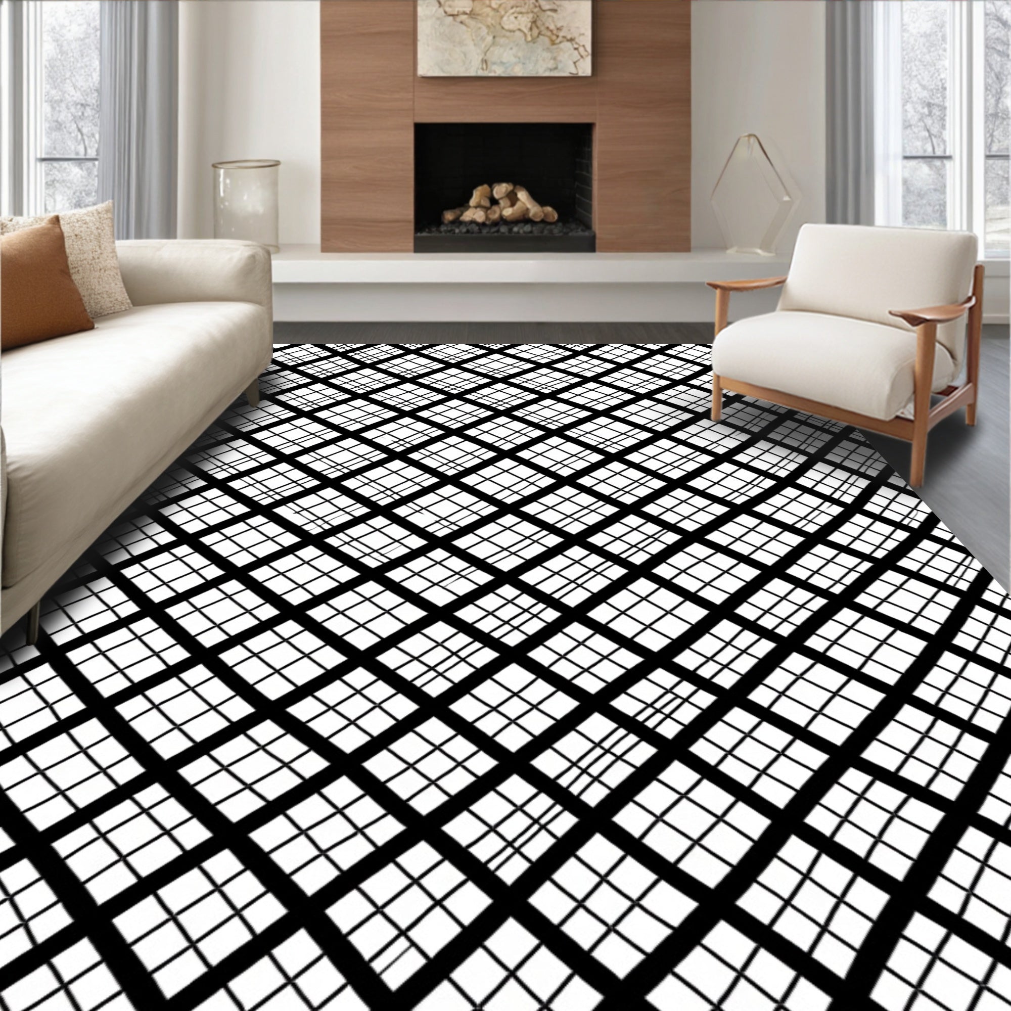 Bold Intersecting Grid Black White Design Rug