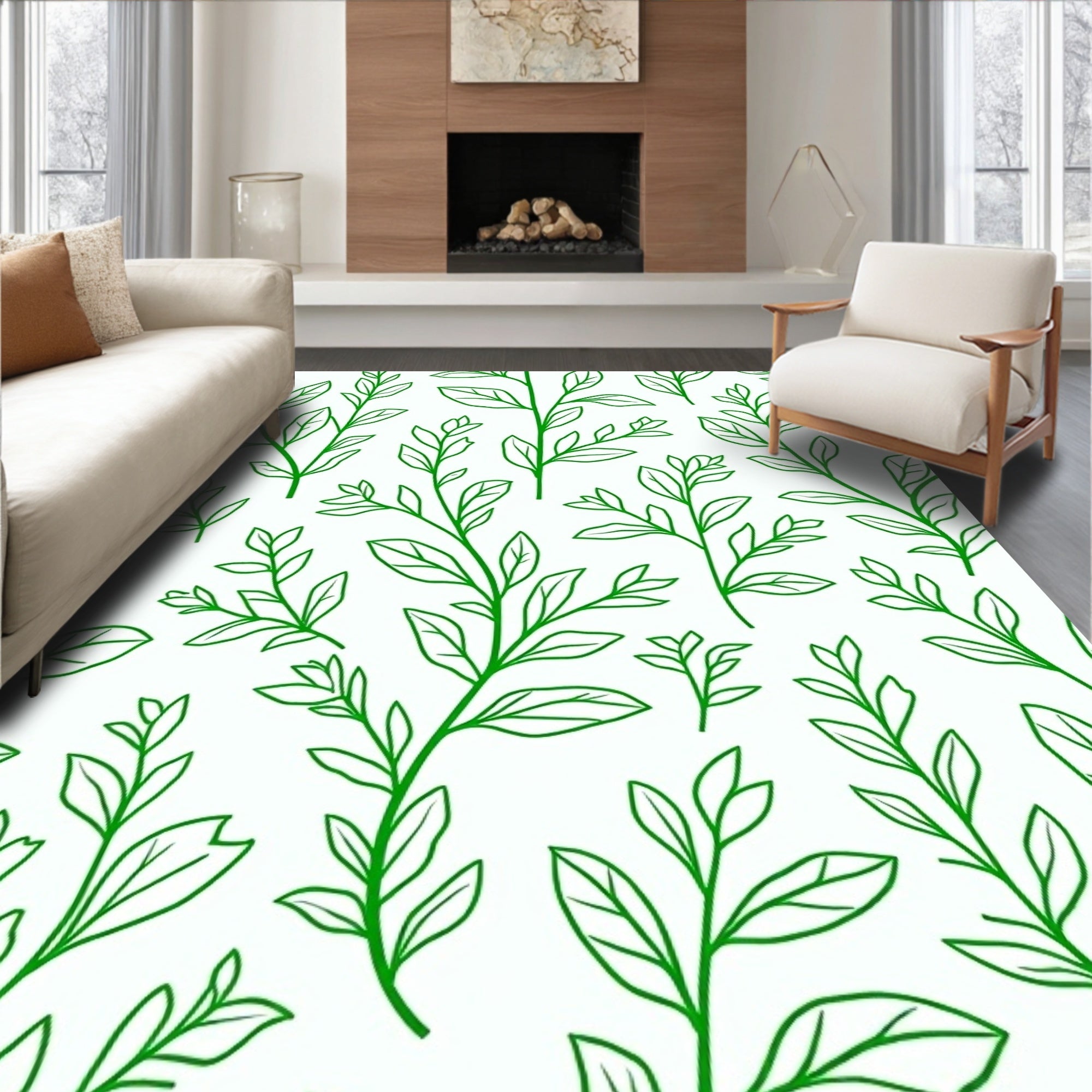 Green Leafy Stem Pattern Rug